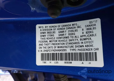 2017 Honda Civic Ex-T из США, поврежденный, VIN 2HGFC1F42HH645095